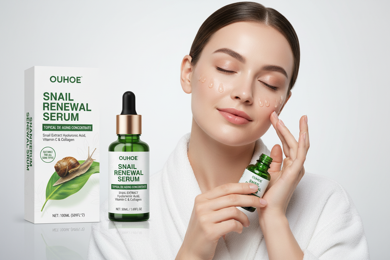 OUHOE Snail Renewal Serum packaging and bottles on a white background
