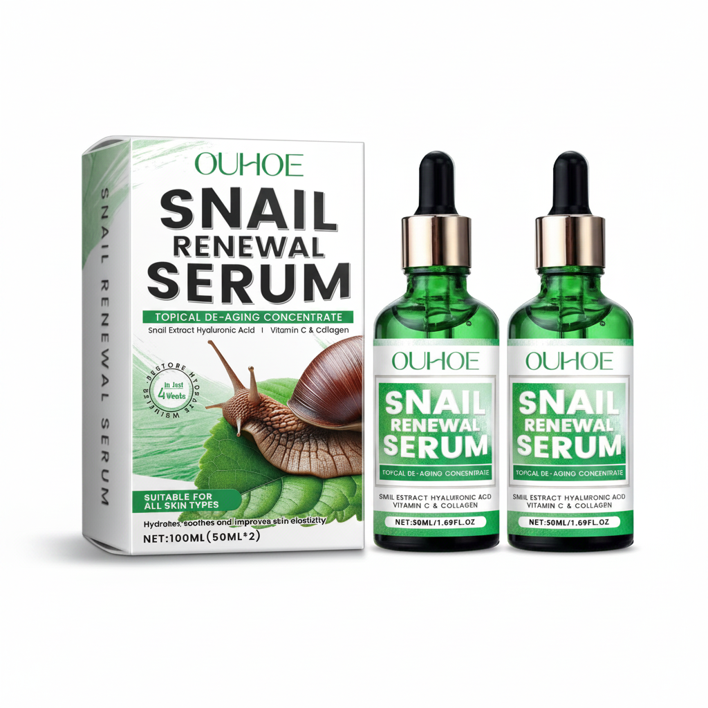 OUHOE Snail Renewal Serum packaging and bottles on a white background